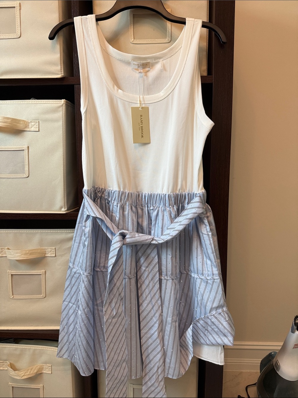 Ramy Brook White Tank with Light Blue Striped Tiered Skirt